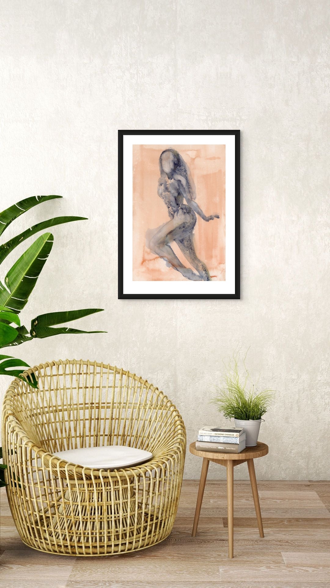 Limited Edition Fine Art Giclée Print of a watercolour female figure embodying the season of Autumn, A1 sized, displayed on a wall. The figure is painted in cool blue tones with slight hints of gold, on a peachy coloured background.
