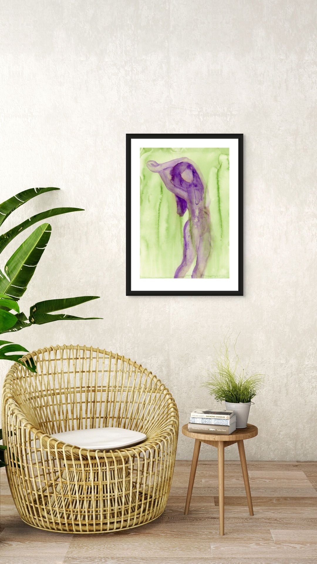Limited Edition Fine Art Giclée Print of a watercolour female figure embodying the season of Spring, A1 sized, displayed on a wall. The colours are a beautiful Purple and Fresh Green.