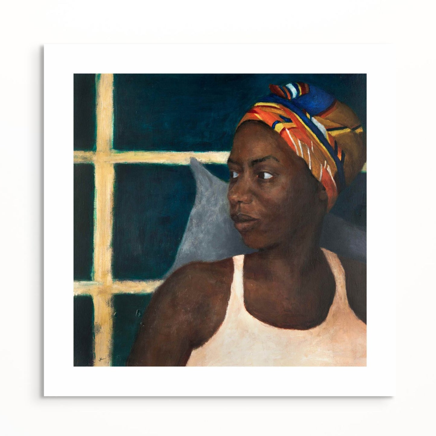 Limited Edition Fine Art Giclée print of a painting of a beautiful black girl with a coloured scarf. The print is of a square format with a white border. Only 20 in the edition.