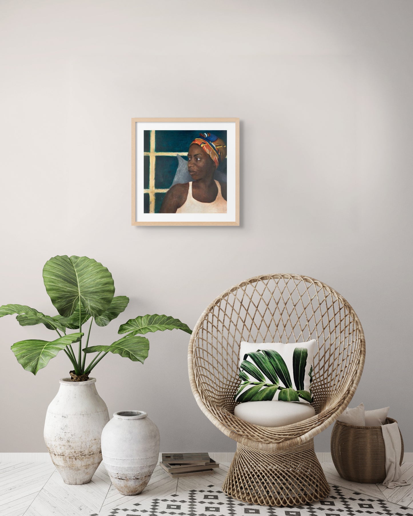 Limited Edition Fine Art Giclée print of a painting of a beautiful black girl with a coloured scarf. The print is of a square format with a white border. Only 20 in the edition. Shown displayed on a wall.