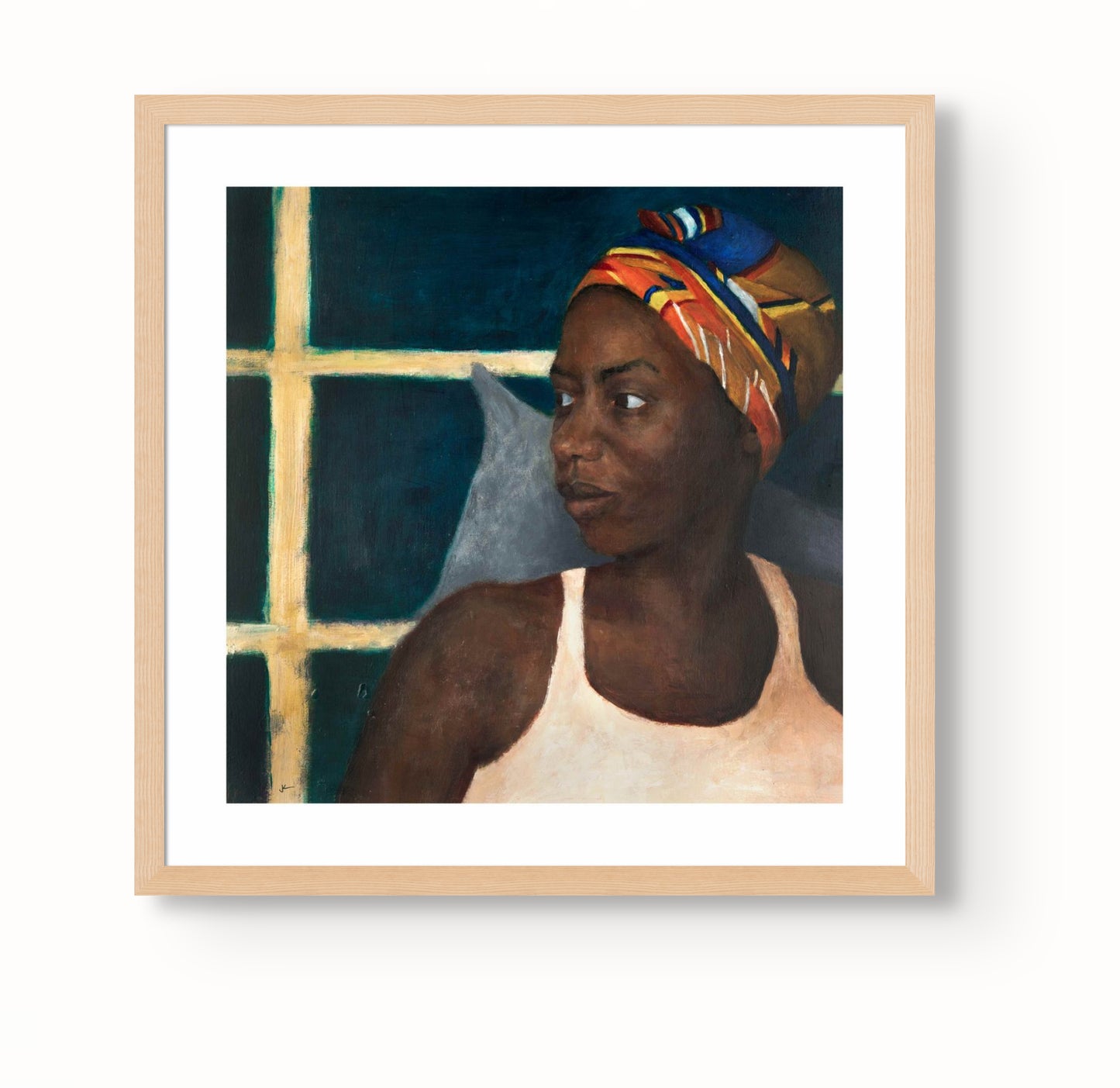 Limited Edition Fine Art Giclée print of a painting of a beautiful black girl with a coloured scarf. The print is of a square format with a white border. Only 20 in the edition. Shown in a frame (not included).