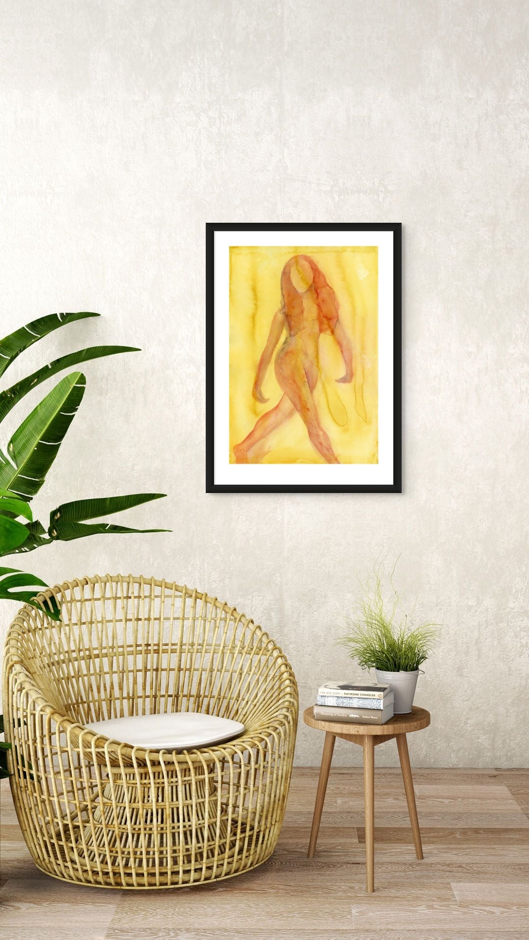 Limited Edition Fine Art Giclée Print of a watercolour female figure embodying the season of Summer, A1 sized, displayed on a wall. The colours are a vibrant red/orange with nuances of lilac on a yellow background.