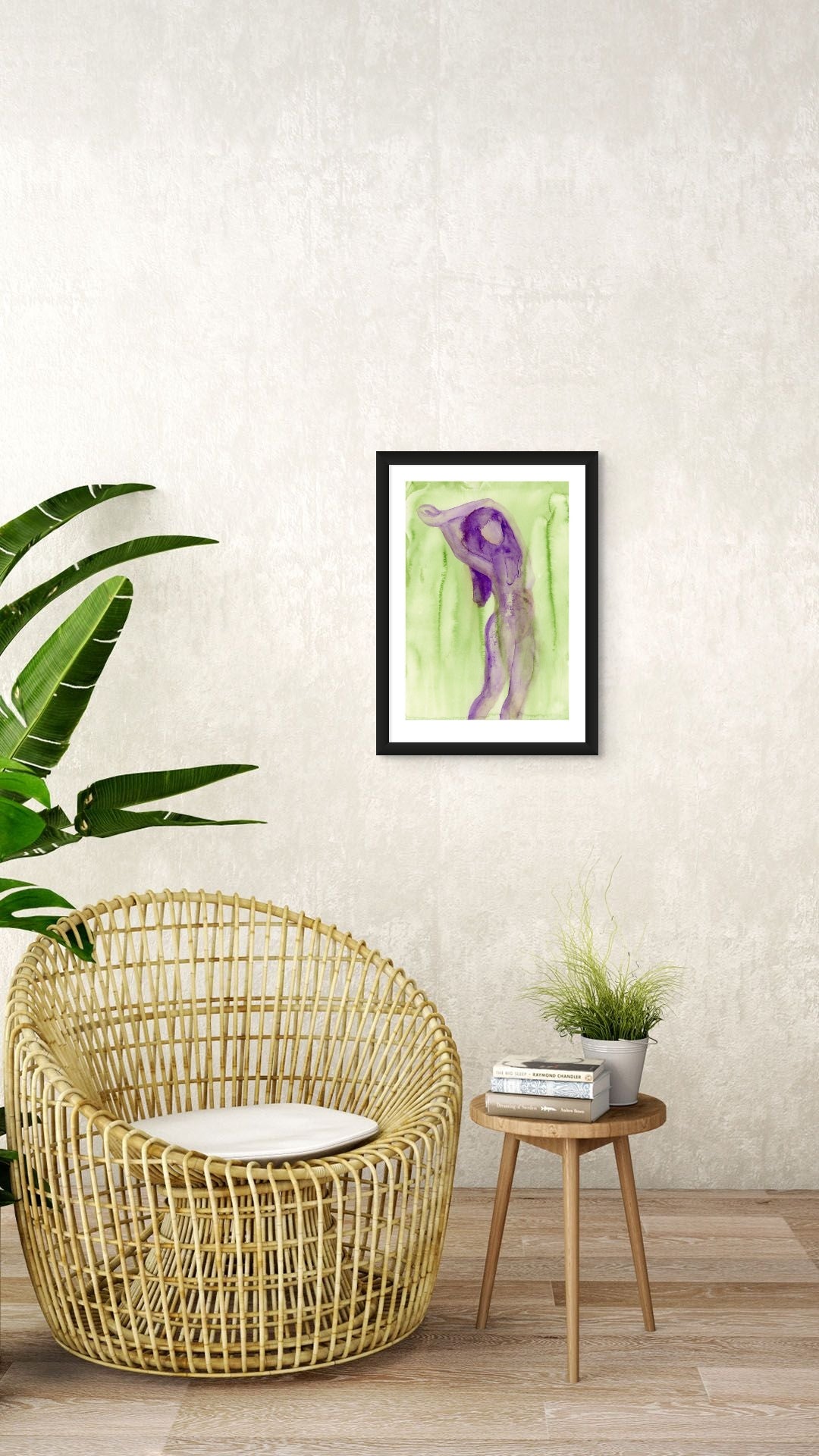 Limited Edition Fine Art Giclée Print of a watercolour female figure embodying the season of Spring, A2 sized, displayed on a wall. The colours are a beautiful Purple and Fresh Green.