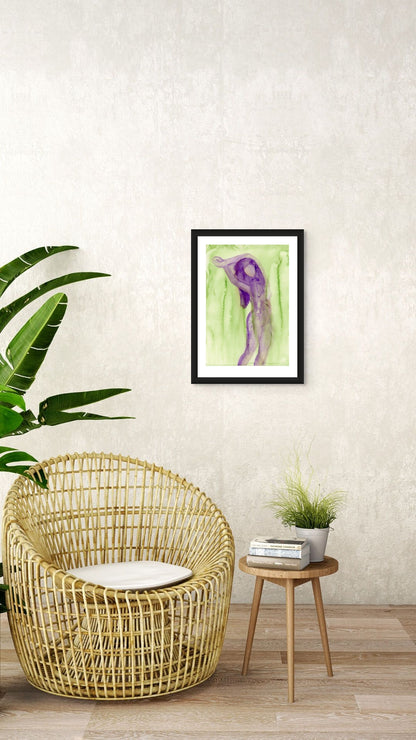 Limited Edition Fine Art Giclée Print of a watercolour female figure embodying the season of Spring, A2 sized, displayed on a wall. The colours are a beautiful Purple and Fresh Green.