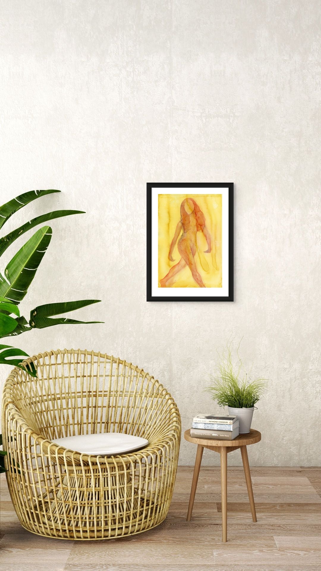 Limited Edition Fine Art Giclée Print of a watercolour female figure embodying the season of Summer, A2 sized, displayed on a wall. The colours are a vibrant red/orange with nuances of lilac on a yellow background.