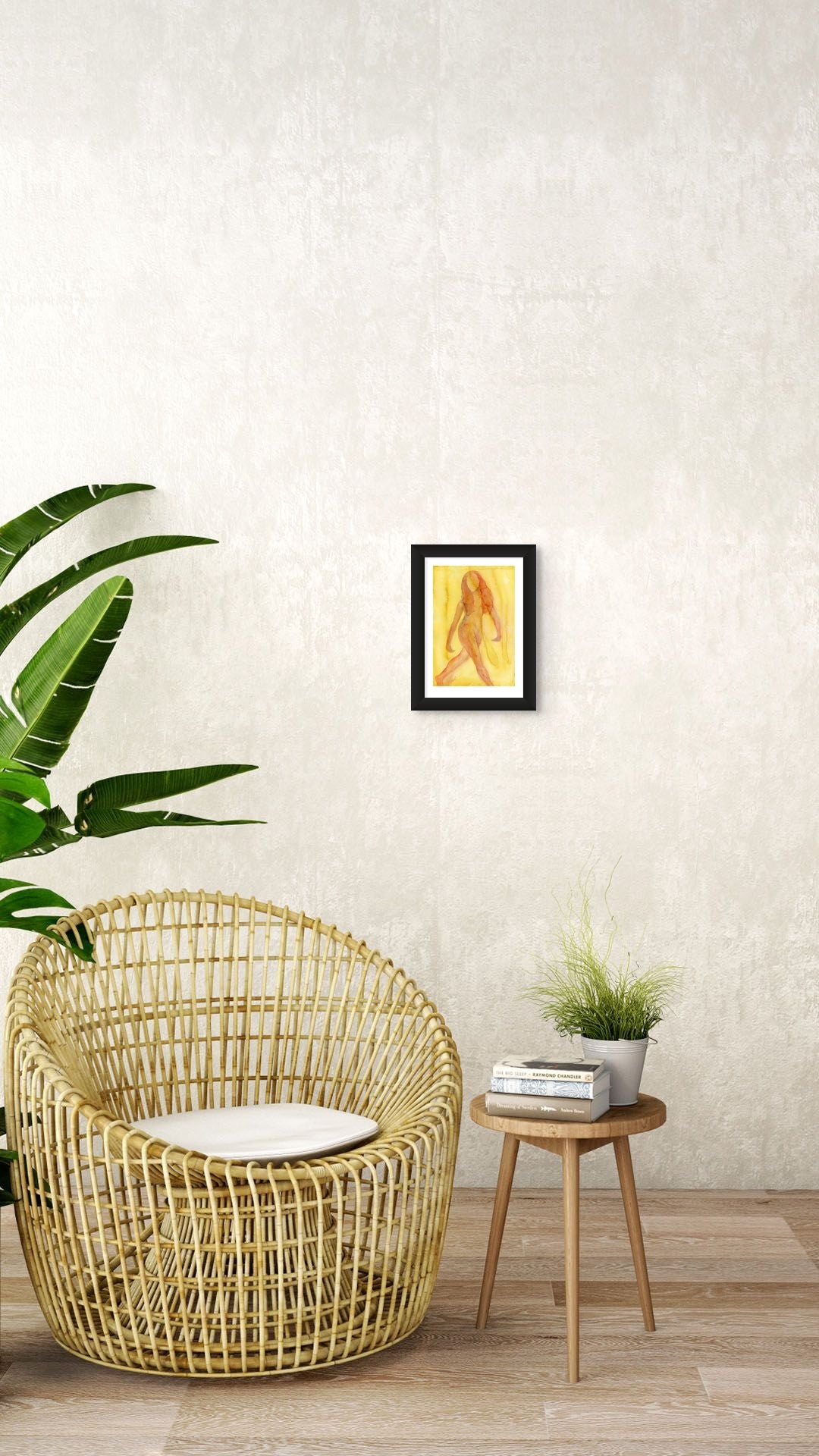 Limited Edition Fine Art Giclée Print of a watercolour female figure embodying the season of Summer, A4 sized displayed on a wall. The colours are a vibrant red/orange with nuances of lilac on a yellow background.