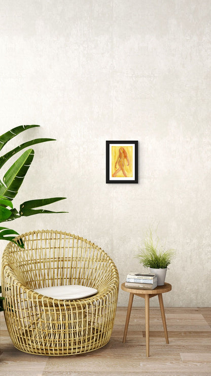 Limited Edition Fine Art Giclée Print of a watercolour female figure embodying the season of Summer, A4 sized displayed on a wall. The colours are a vibrant red/orange with nuances of lilac on a yellow background.