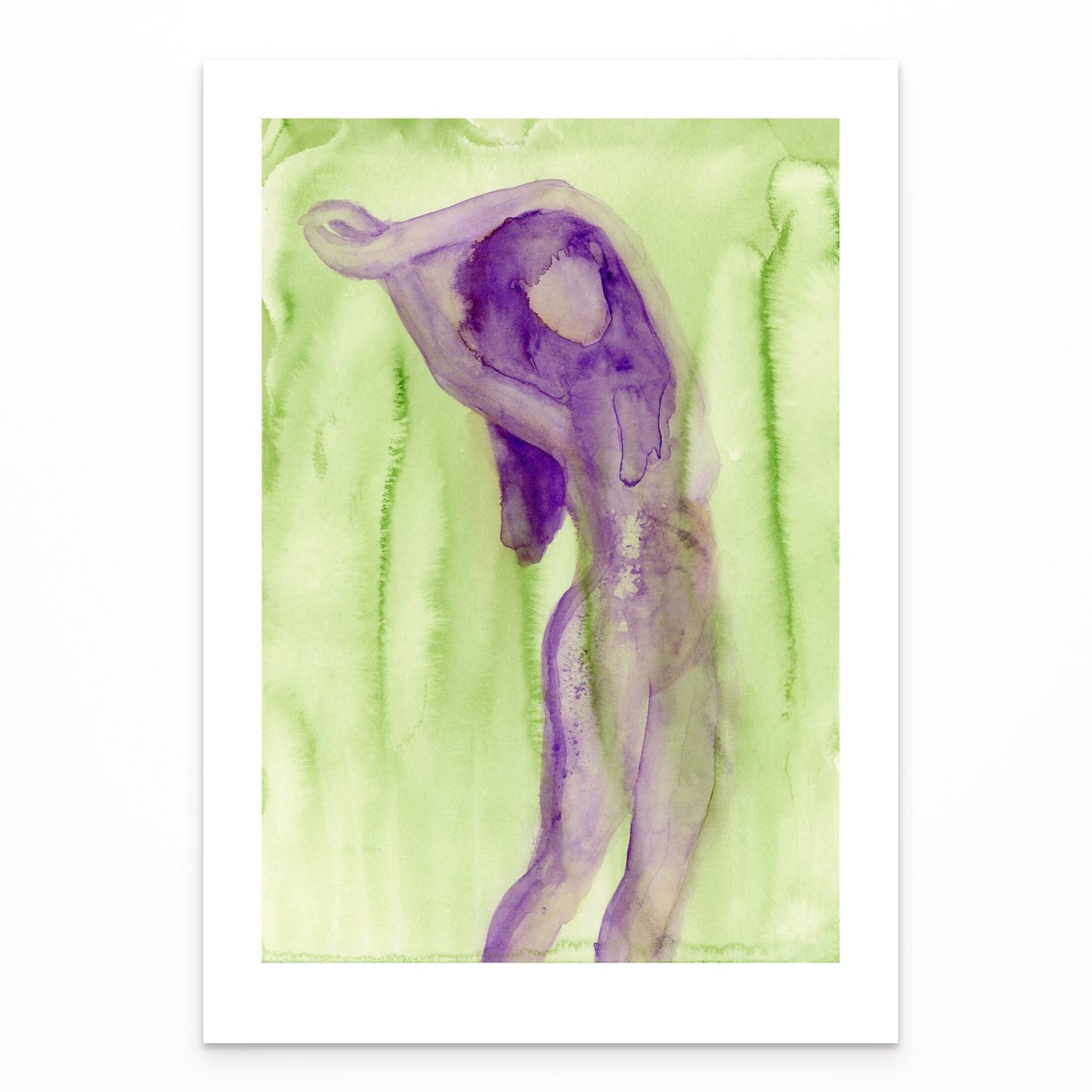 Limited Edition Fine Art Giclée Print of a watercolour female figure embodying the season of Spring. The colours are a beautiful Purple and Fresh Green.
