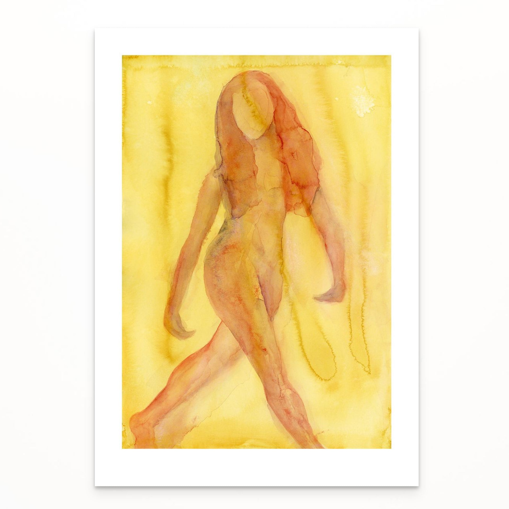 Limited Edition Fine Art Giclée Print of a watercolour female figure embodying the season of Summer. The colours are a vibrant red/orange with nuances of lilac on a yellow background.